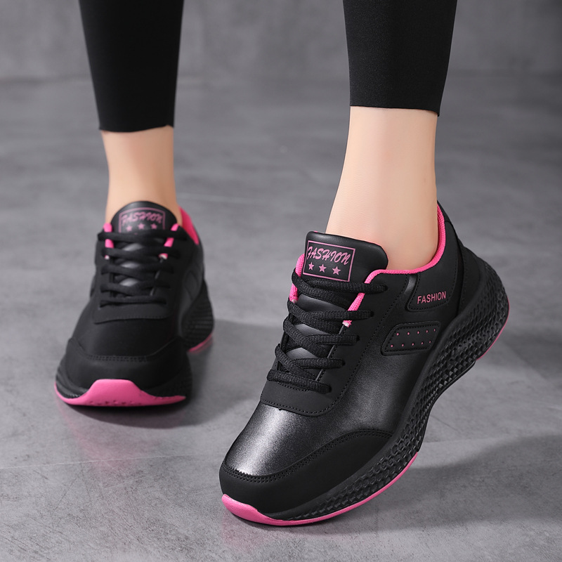 Autumn New Leather Waterproof Non-Slip Casual Sports Shoes Round Toe Flat Heel Fashion Women's Shoes Low-Top Lace-Up Running Shoes