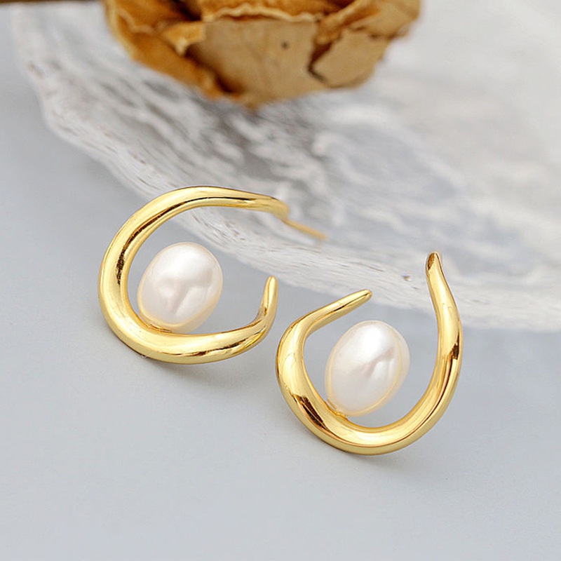Nafoge Silver Jewelry Wholesale Set with Natural Baroque Pearl Gold Plated Earrings Fashion Elegant U-shaped 925 Silver Earrings