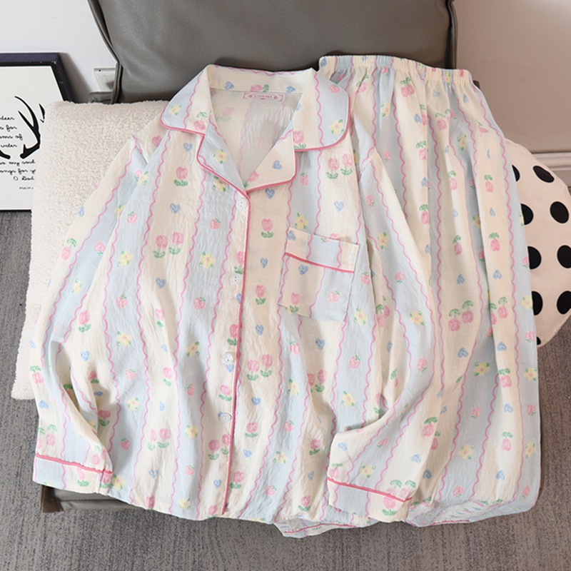 Picture of Online Celebrity Live Dopamine Color Striped Long Sleeve Pajamas Women's Loose Bubble Wrinkle Cute Cross-border suit Foreign Trade