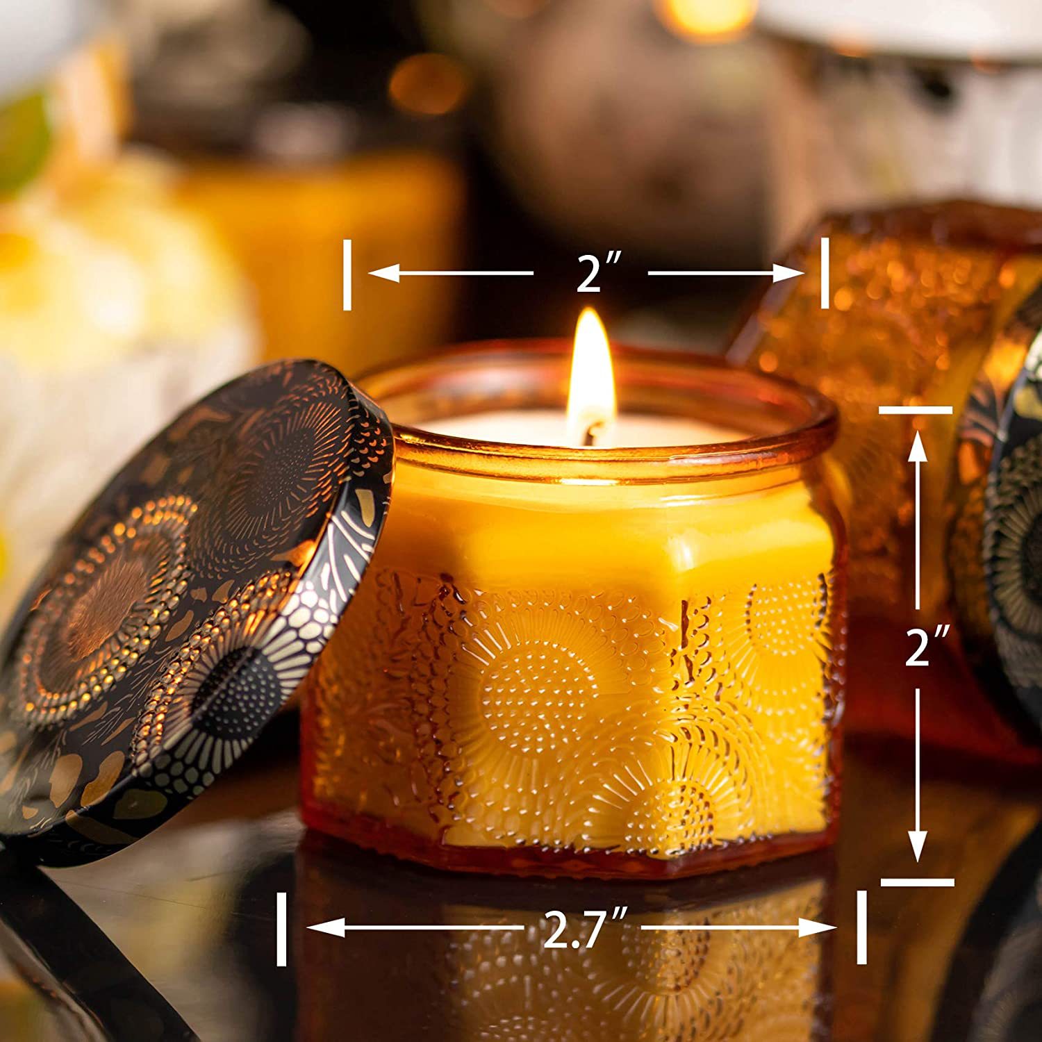 Picture of Hexagon Mini Embossed Pattern Candle Jar Colorful Aromatherapy Candlestick Bottle Amber Embossed Glass Candle Bottle