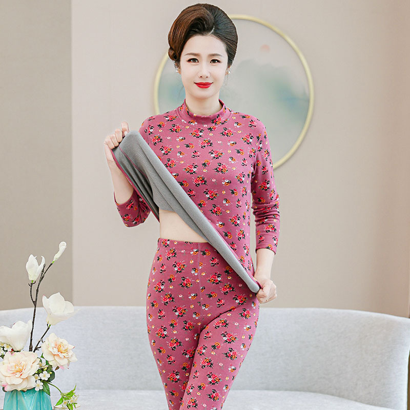 Picture of De velvet thermal underwear for middle-aged and elderly people printed mid-collar autumn clothes long pants suit women's double-sided brushed bottoming shirt winter