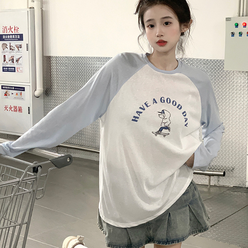 Contrast Color Sun Protection Clothing Women's Summer 2024 Fun Printed Design Sense Long Sleeve Thin Raglan Sleeve Top Korean Style Women's Clothing