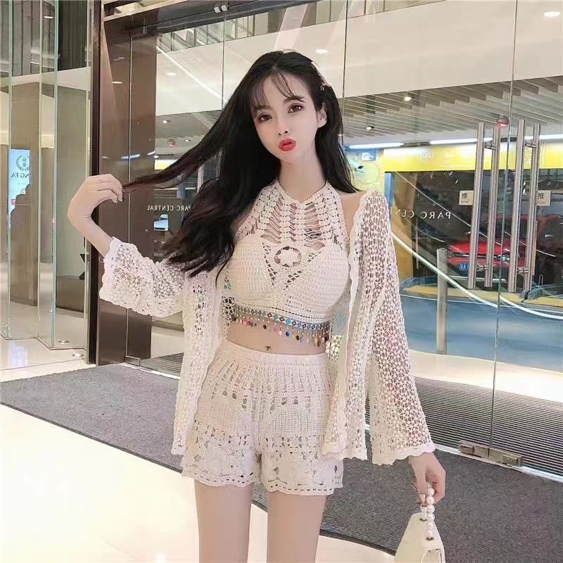 Halter tube top hollow sunscreen cardigan coat high waist crocheted shorts beach vacation hot spring swimsuit suit