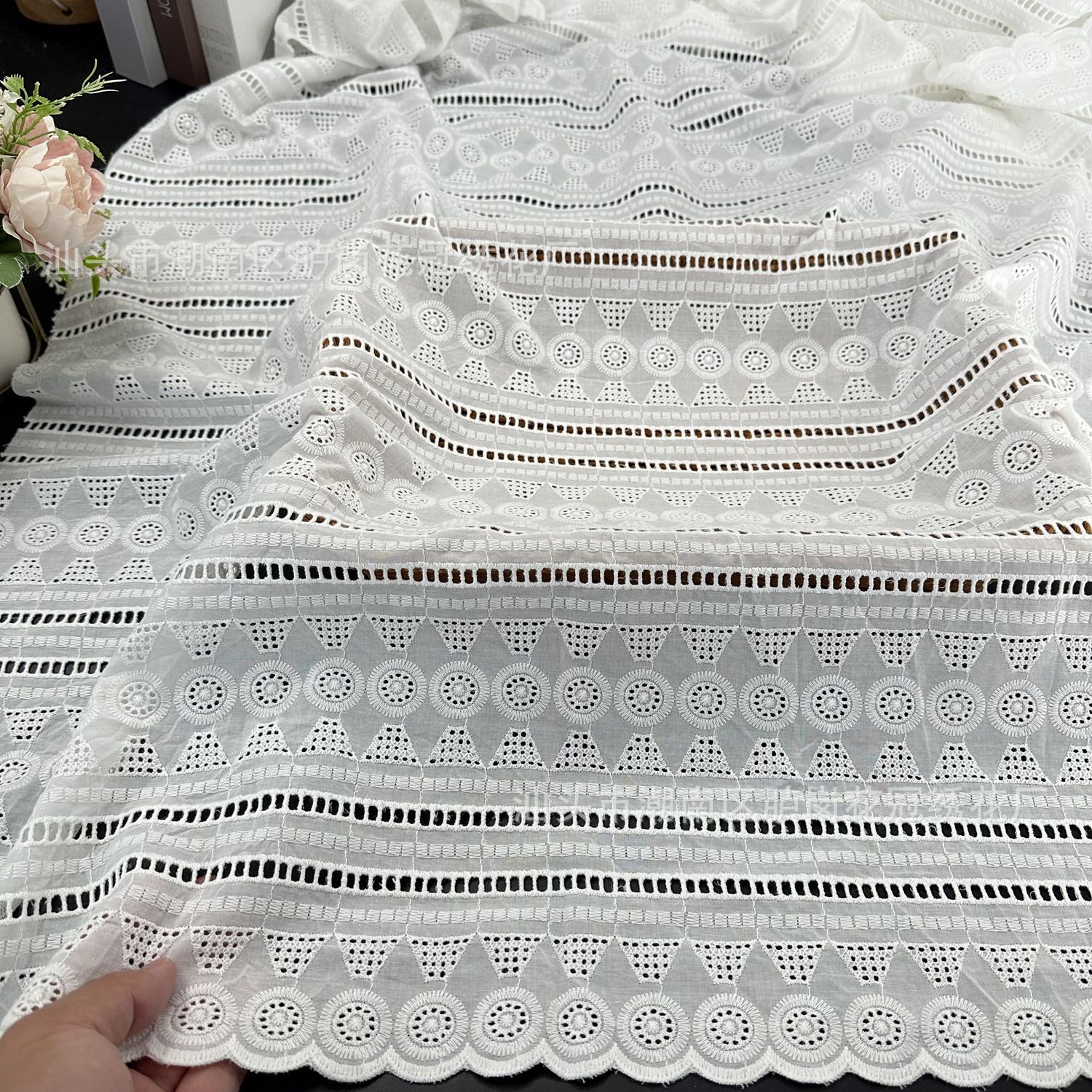 New cotton hollow embroidery geometric embroidery fabric 9088 combed cotton perforated clothing embroidery fabric