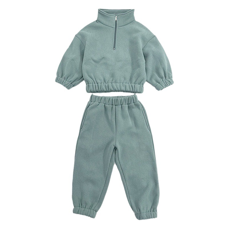 Korean fashion Winter new suit boys and girls turtleneck half zipper top ankle-tied pants fleece casual suit