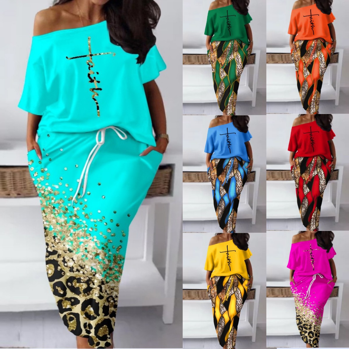2023 European and American Cross-border New Women's Plus Size Baroque Leopard Twill Top and Drawstring Dress Set