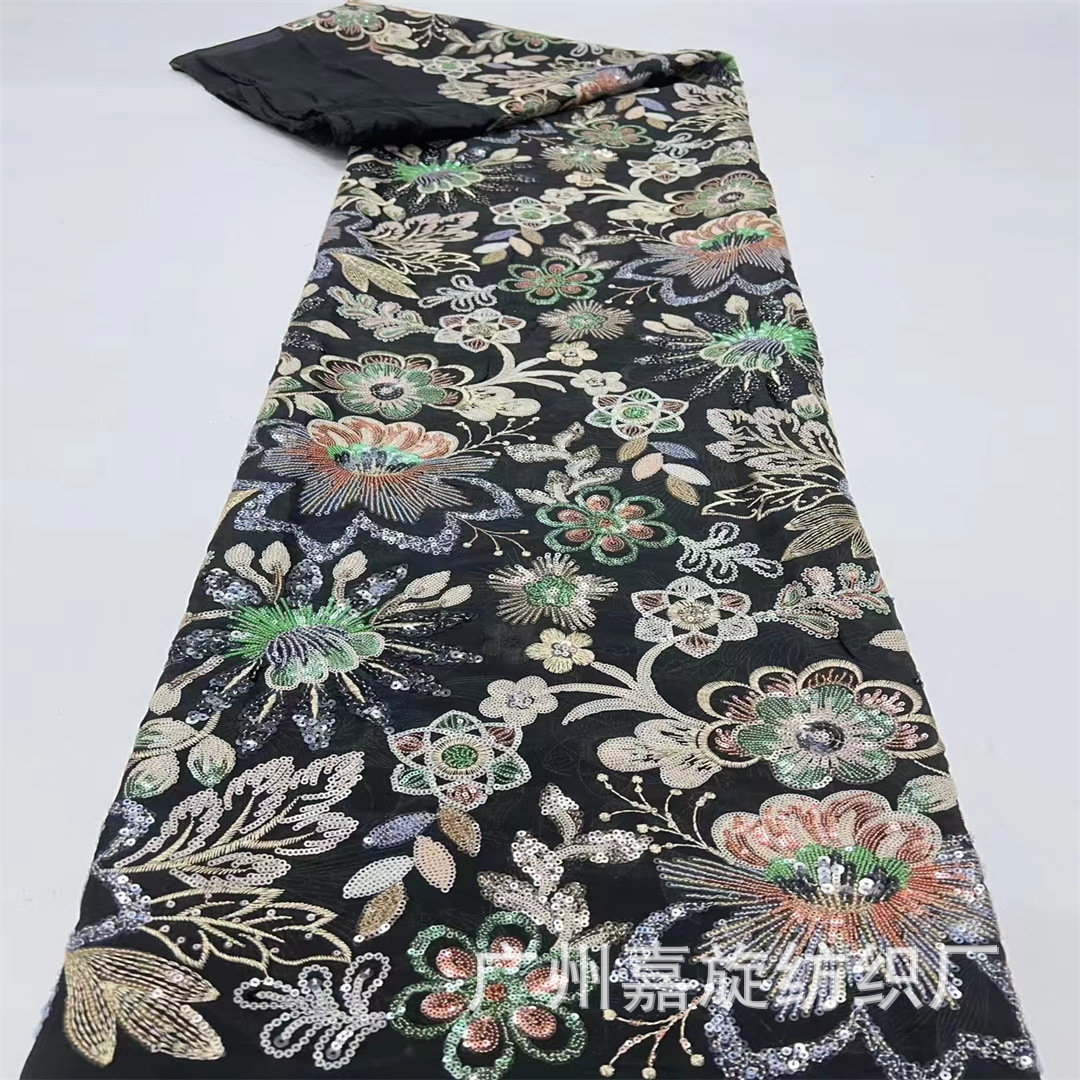 2024 New Tencel Base Cloth National Style Flower Sequins Embroidered Fabric Cheongsam Women's Evening Dress Beaded Embroidered Cloth