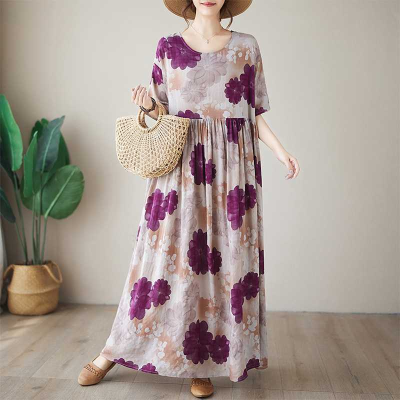 2024 Summer New Korean Style Loose Plus Fat Plus Size Short Sleeve Round Neck Printed dress Women