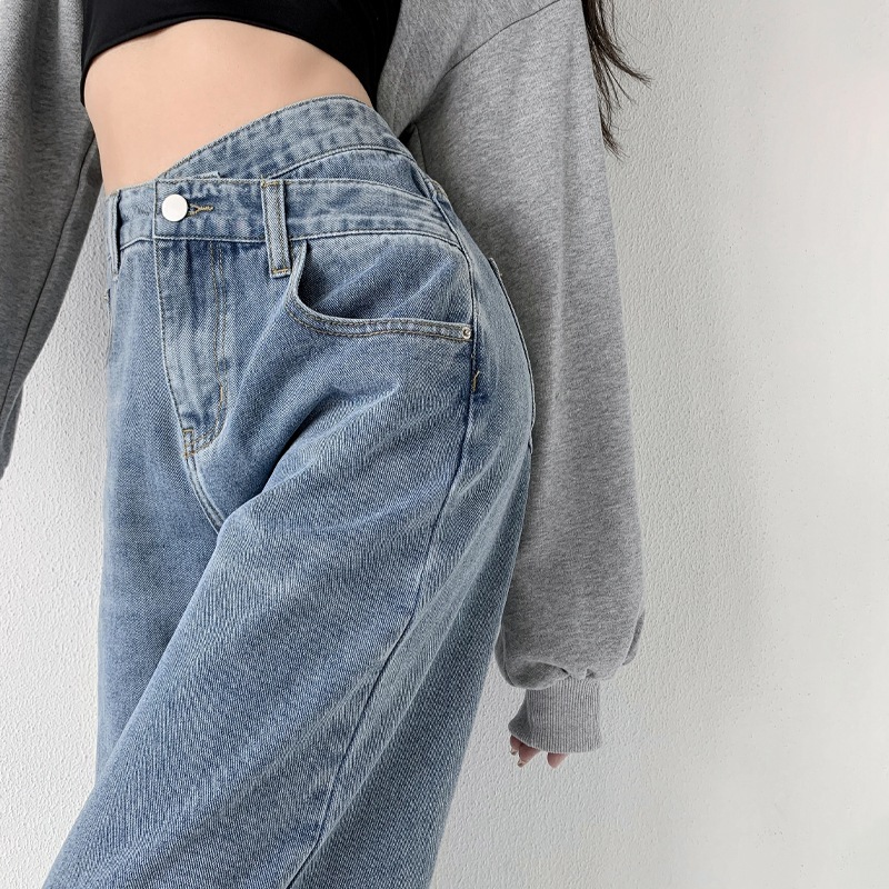 Picture of Irregular Loose Straight-Leg Jeans Women's All-Match Thin Slant Buckle High Waist Slimming Niche Wide Leg Trousers Summer