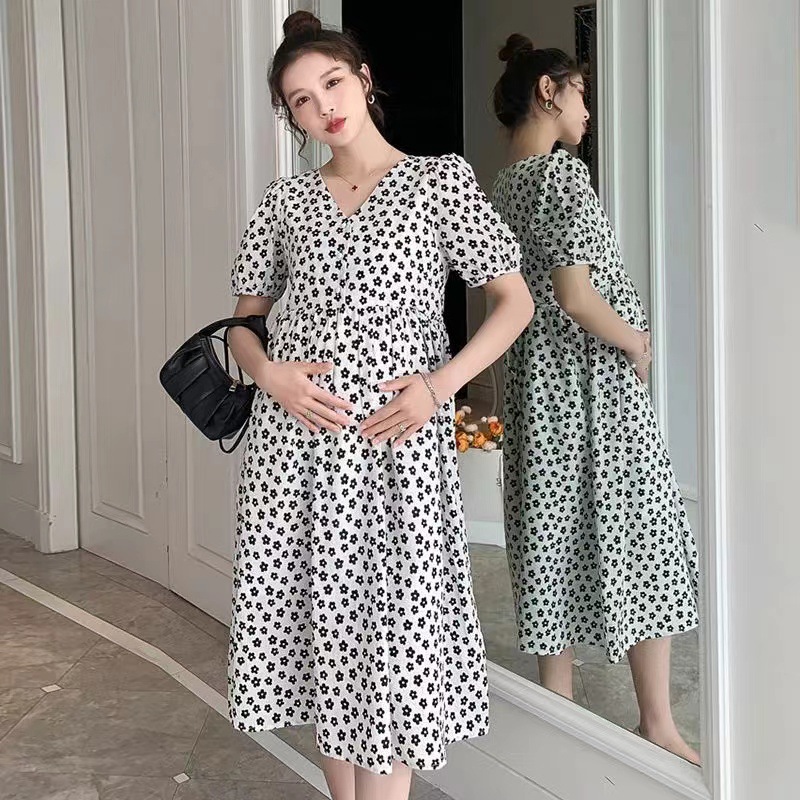 Picture of Maternity Summer Loose Slimming Mid-length dress Fashionable Elegant V-neck Floral Outgoing Summer Breastfeeding Clothes