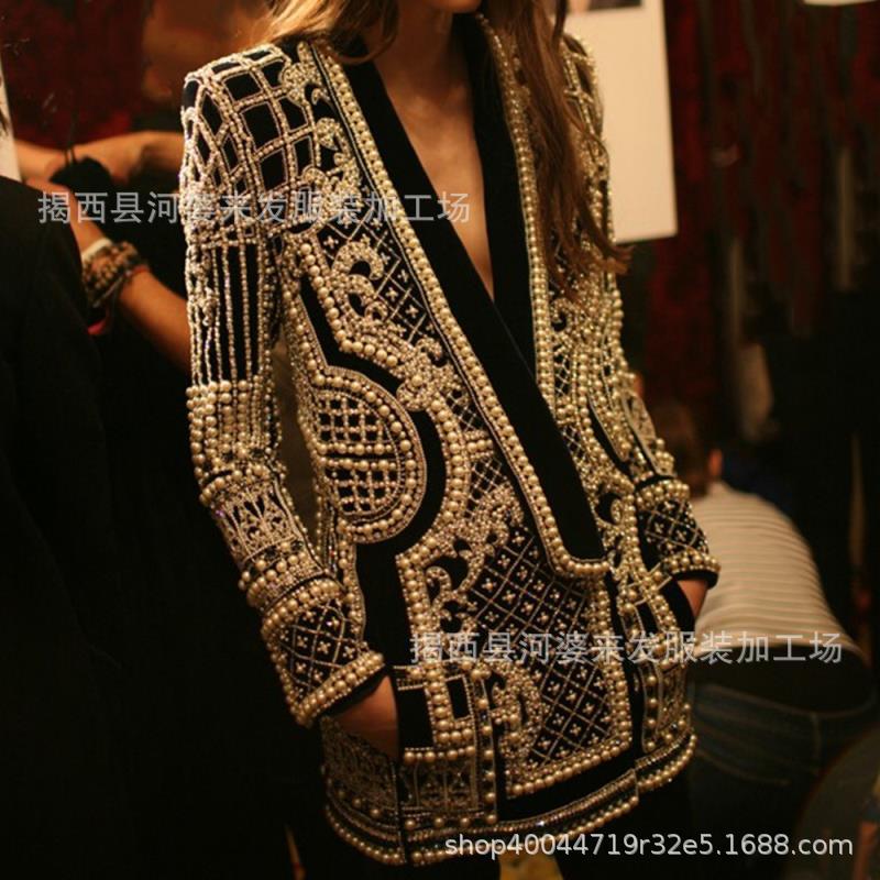 2024 Cross-Border Aliexpress European and American V-Neck Long-Sleeved Women's Suit Tops Beaded Printed Jacket