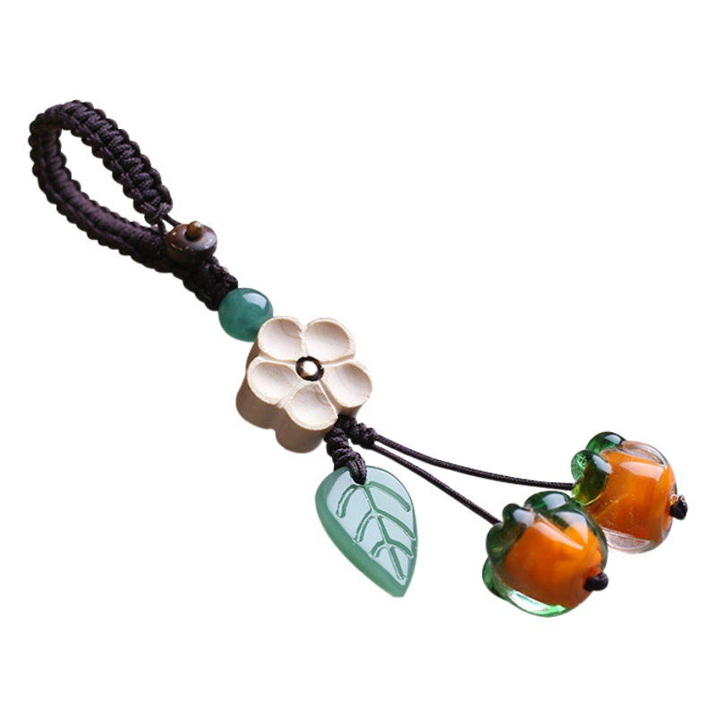 Persimmon Ruyi colored glaze Persimmon retro beautiful girl colored glaze persimmon leaf Youcheng keychain pendant mobile phone chain