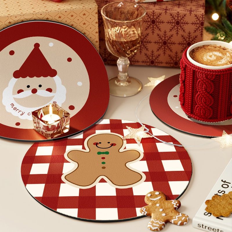 Christmas Style Cup Mat Desktop Tea Cup Absorbent Mat Bowl and Plate Placemat Drain Mat Light Luxury Round Wash-Free Anti-Slip Moisture-proof Mat