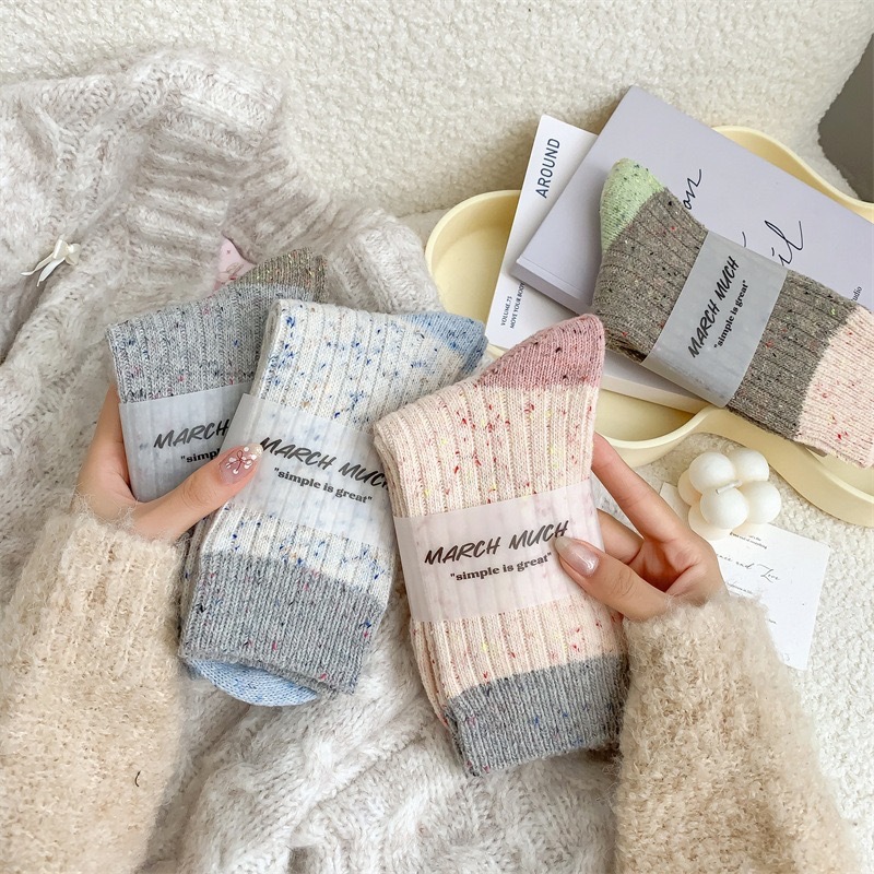 Yuanrun Home Socks Women's Autumn and Winter Thickened Warm Colorful Wool Socks Ins Korean Style Simple Vertical Stacked Socks