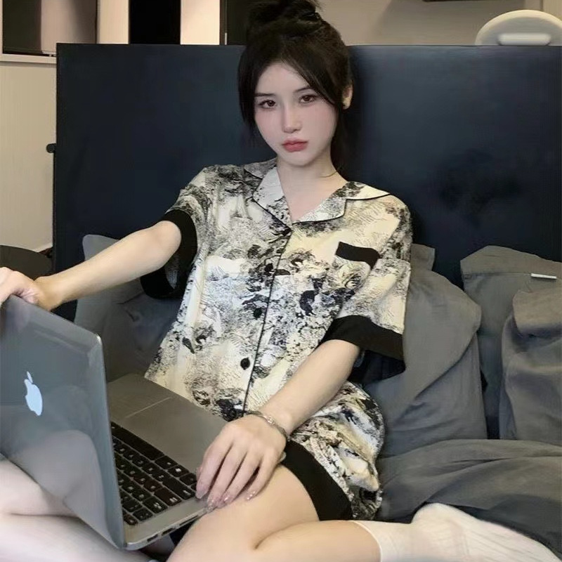 Ice Silk Pajamas for Women Summer Short-Sleeved Shorts Cute Thin High-End 2025 New Sweet Home Wear Set