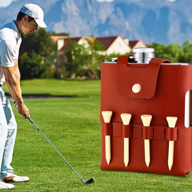 Picture of Golf flask leather case wine bottle leather bag tool waist bag outdoor flat hip flask storage bag