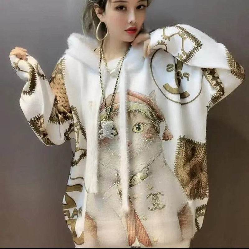 European Station 2023 Fashion Cartoon Cat Hot Rhinestone Hooded Mink Velvet Sweater Women's Autumn and Winter Long Sleeve Sweater