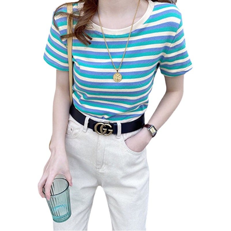 Internet Celebrity Stripesd Short-Sleeved T-Shirt for Women 2025 Summer New Women's Slim-Fitting Top Student Korean Style Bottoming Shirt