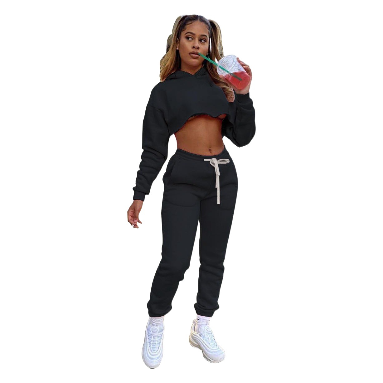 Amazon Independent Site Autumn and Winter European and American Sweatshirt Pure Color Two-Piece Set Fleece-Lined Thickeneded Casual Sports Suit