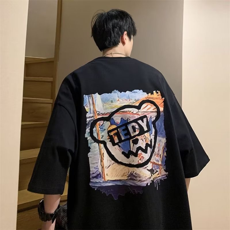 Short-sleeved T-shirt Men's Summer Hong Kong Style Ins Trendy Brand Couple All-match Loose plus size Devil Print Half-sleeved T-shirt