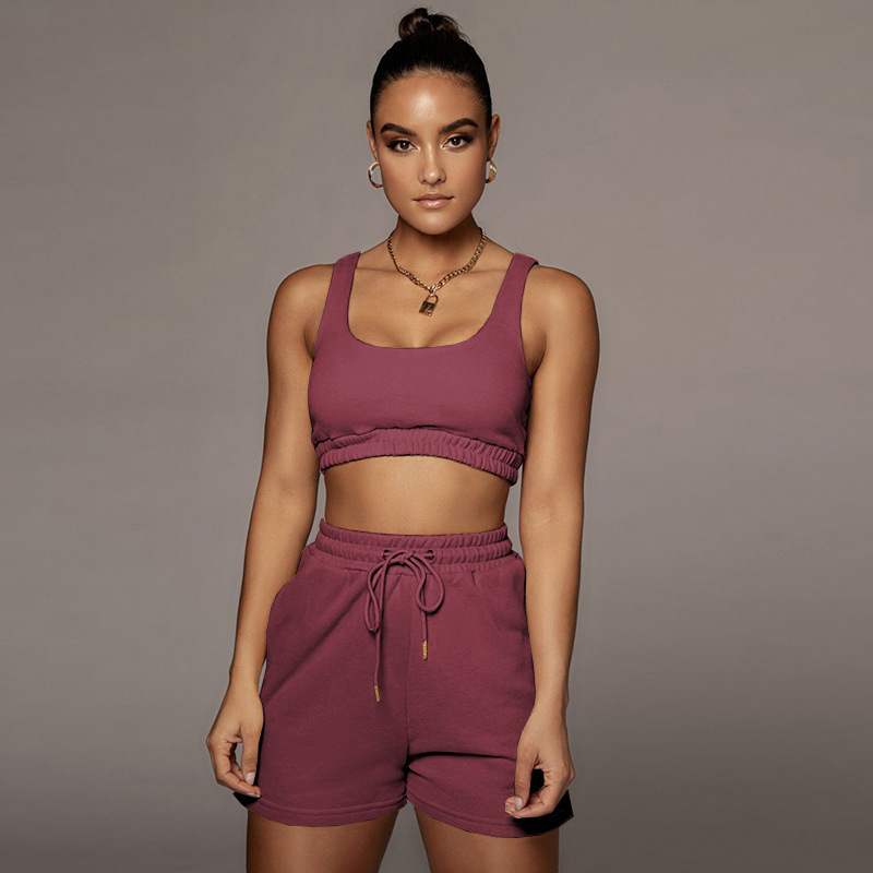 Picture of 2024 European and American Amazon cross-border summer women's solid color double-layer vest shorts sports navel suit