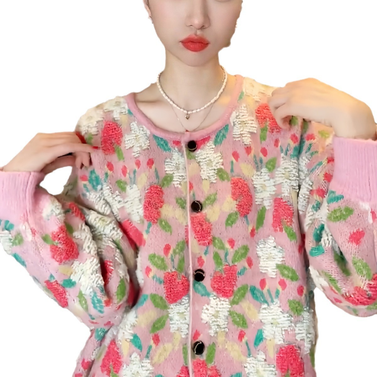 Picture of Soft glutinous lazy style cardigan sweater coat women's autumn and winter loose outer wear printed design niche sweater top