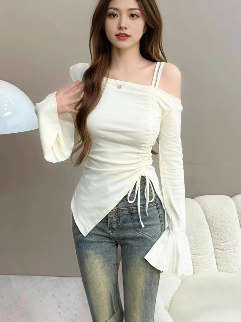 2024 New Fashion Sexy Shoulder Drawstring T-shirt Autumn Irregular Pleated Slim-fit Slimming Long-sleeved Top