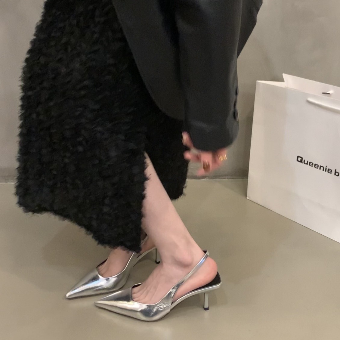 silver High Heels Pointed Toe Elegant Baotou Sandals Fairy Shoes 2024 New Spring and Summer French Hole Shoes