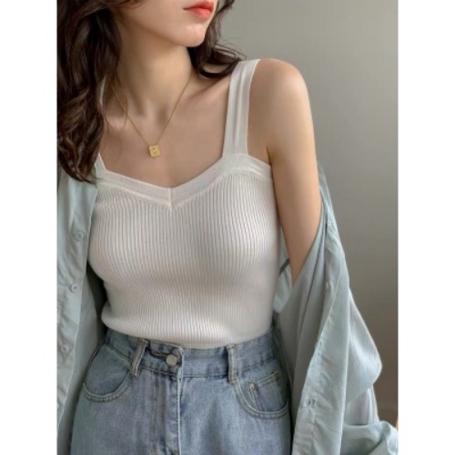 Picture of White Camisole Women's Spring and Summer All-match Slim-fit Slimming ins Fashionable Inner Base Shirt Outer Wear Knitted V-neck Top