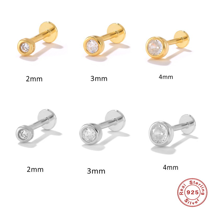 S925 Sterling Silver Simple Classic Round Single Diamond Flat Head Internal Thread Piercing Cartilage Earrings Ear Bone Nail Earrings