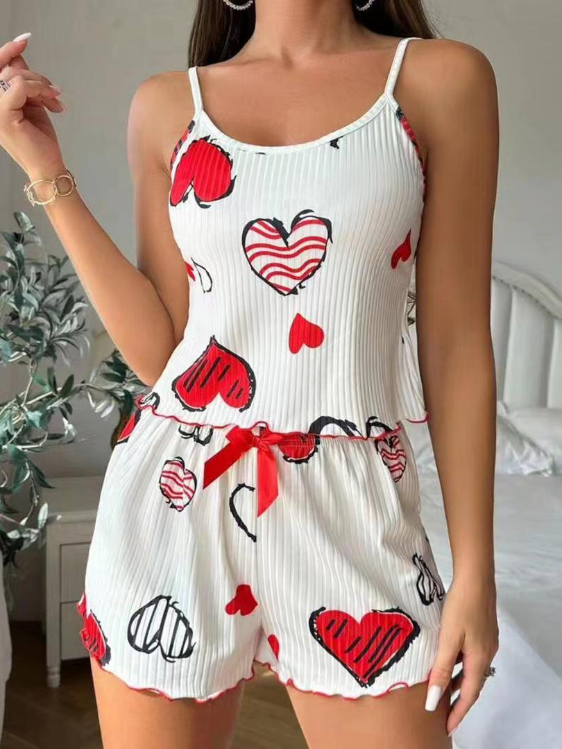 2024 New European and American Women's Pajamas Fashion suit Cross-border Foreign Trade Design Sense Printed Sweet Sling Shorts