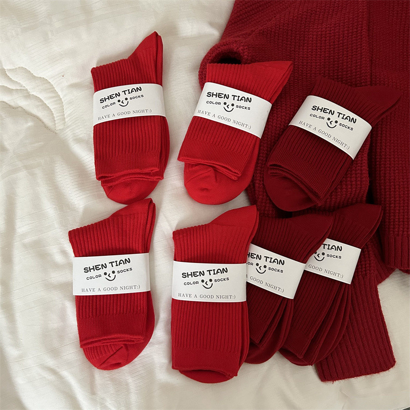 Adult socks wholesale birth year Big Red socks women's mid-calf length socks men's wedding dark red couple cotton socks