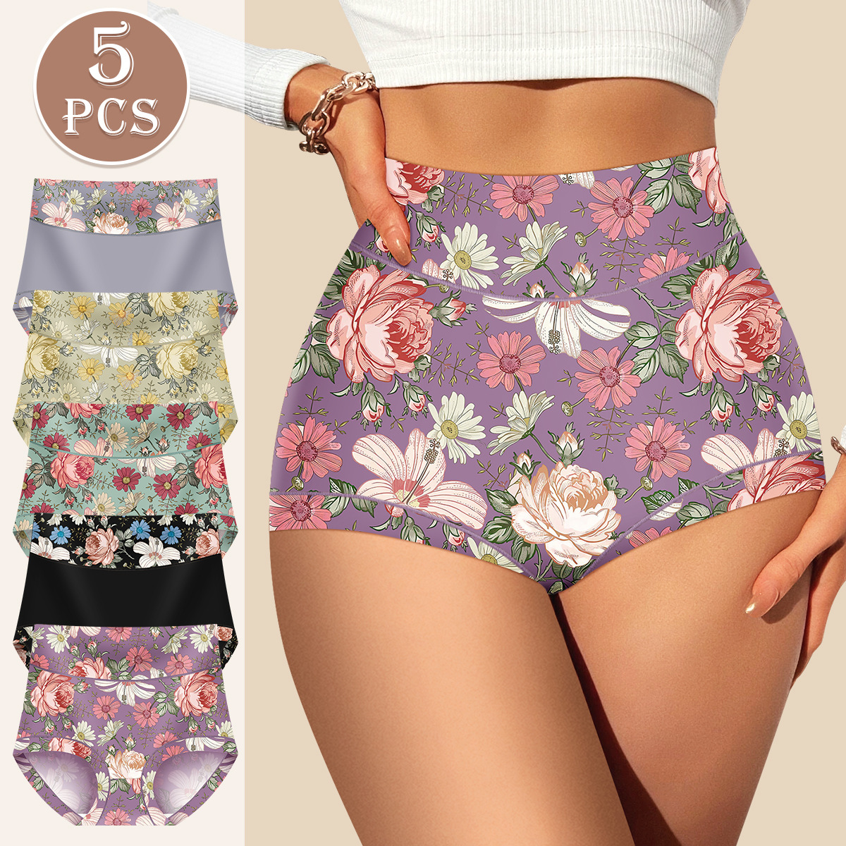 Cross-Border Aliexpress Amazon Spot High-Waist Briefs Printed Multi-Color European and American Large Size Butt-Lifting Underwear Temu