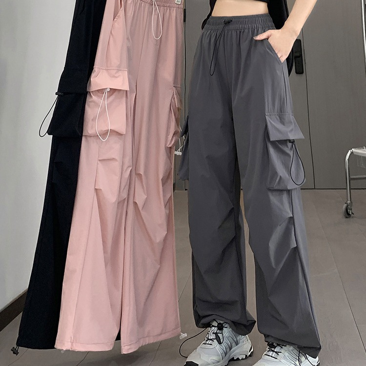 Parachute overalls women's spring and autumn 2023 new high waist wide leg small casual slim gray sports pants for women