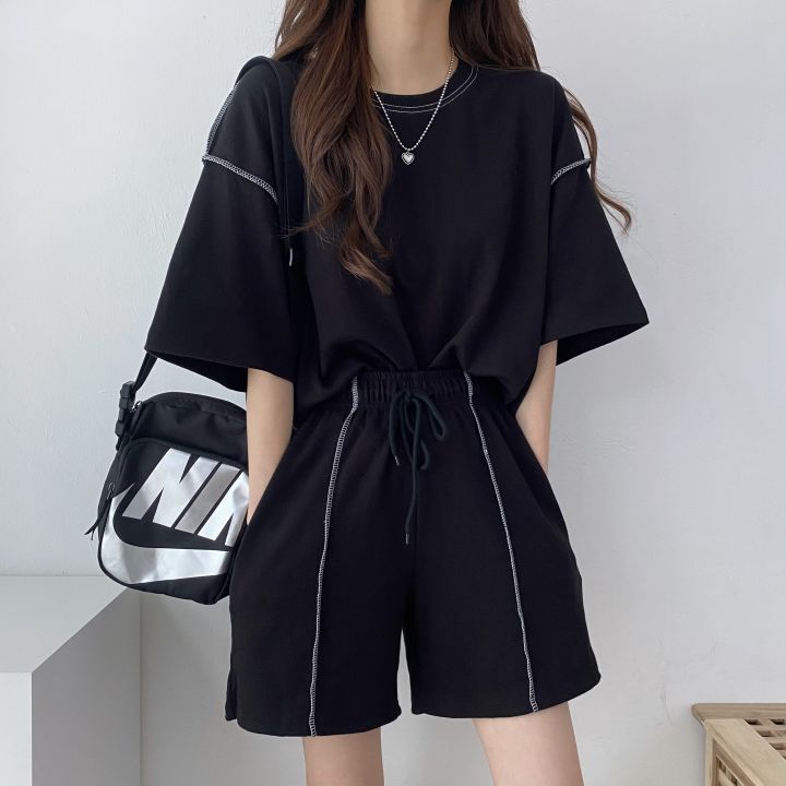 100% Cotton suit Women's Short-sleeved Shorts Two-piece Set for Students Korean-style Summer Fashion Casual Sportswear Loose