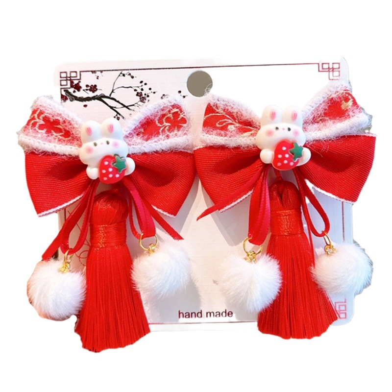 Children's hairpin girls' red bow plush hairpin girls' Hanfu headdress Chinese style Baby New Year hair accessories