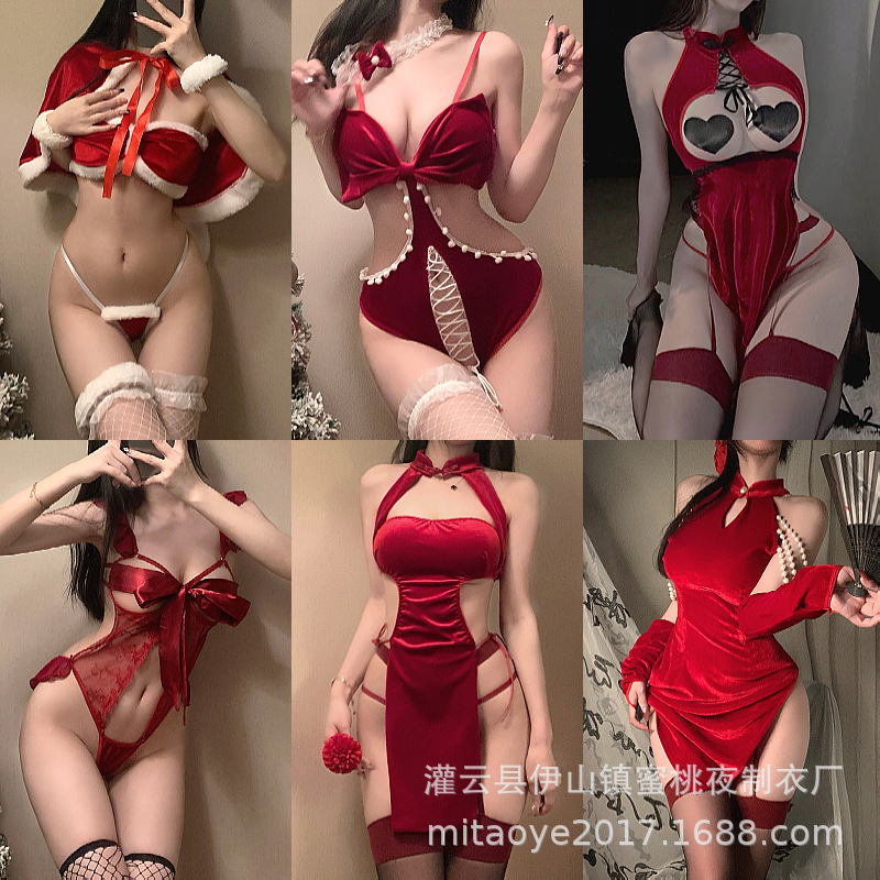 Sexy Underwear Sexy Red Plush Christmas dress COS Bow Perspective New Year New Year's Day Role Play