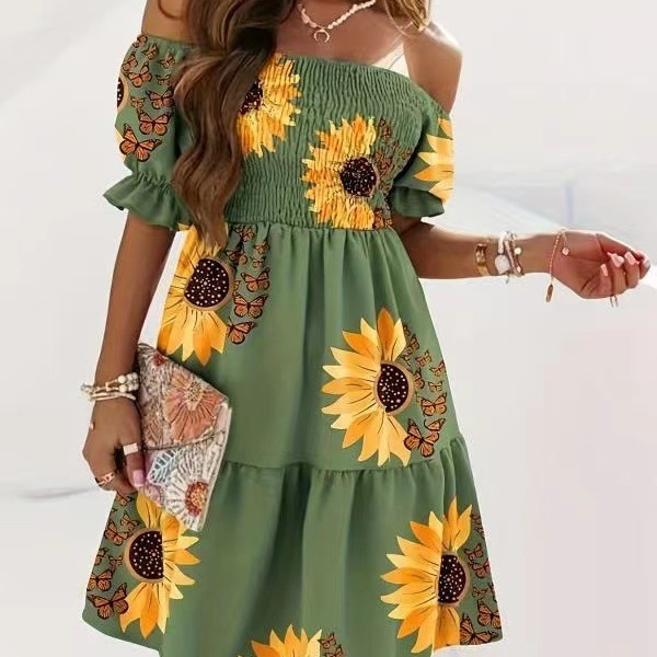 2024 cross-border European and American Amazon independent station AliExpress new short sleeve off-neck tight waist pleated printing