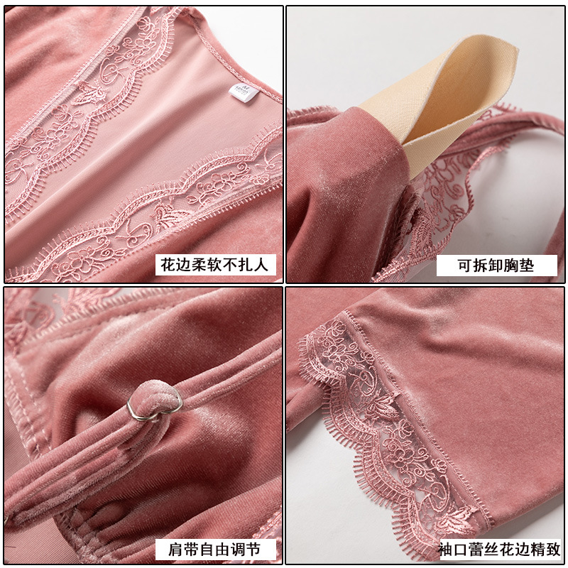 Picture of Gold Velvet pajamas women's autumn and winter four-piece sexy strap nightdress nightgown with chest pad home wear suit can be worn outside
