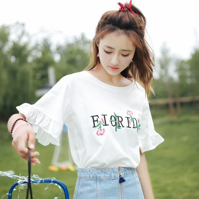 2025 Summer Clothes New Korean Style Small Fresh Embroider Ruffled Trumpet Sleeves Loose Short-Sleeved T-Shirt Tops for Women Trendy