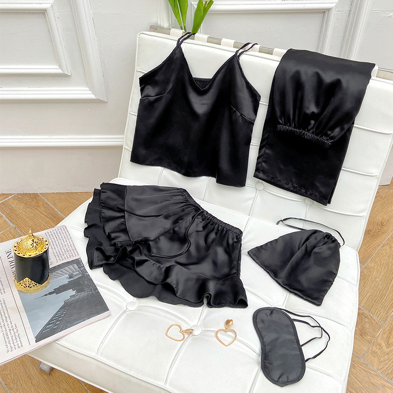 Four Seasons Can Wear Sling Pajamas Five-piece Set Black Sling Pants Home Clothes suit Lightweight Comfortable Pajamas for Women