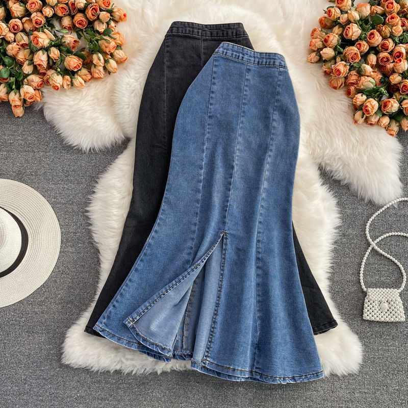 Stretch Split Fishtail Hip Skirt Summer New Slim-fit Ruffled Denim Skirt A- line Skirt Women's Mid-length Skirt