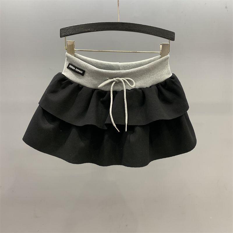 Color-block High Waist Letter Labeling Lace-up Double-layer Cake Skirt Women's 2024 Summer Korean-style Anti-glare A- line Skirt