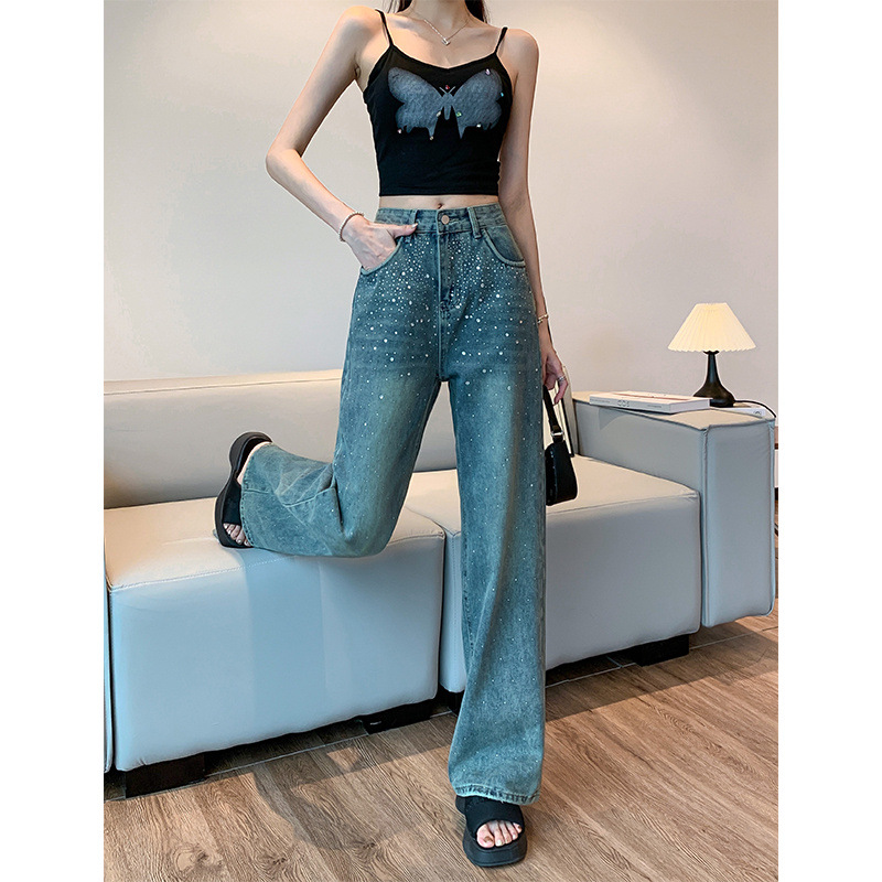 Design Sense Hot Drilling Straight Leg Jeans Women's Summer High Waist Slimming Wide Leg Pants All-match Loose Dipped Floor Trousers