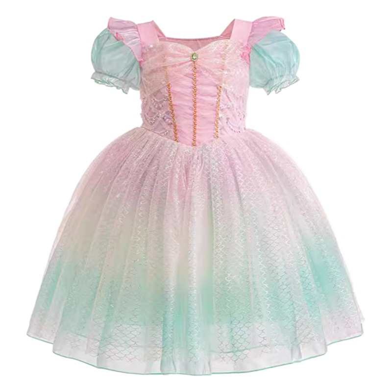 2025 New Gradient Color Elsa Princess Dress Girls Puffy Gauze Cake Dress Children Puff Sleeve Dress Skirt