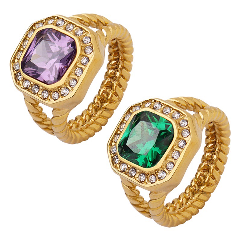 Europe and the United States cross mirror hot titanium steel plated 18K gold does not fade fashion street geometric inlay zircon glass stone ring