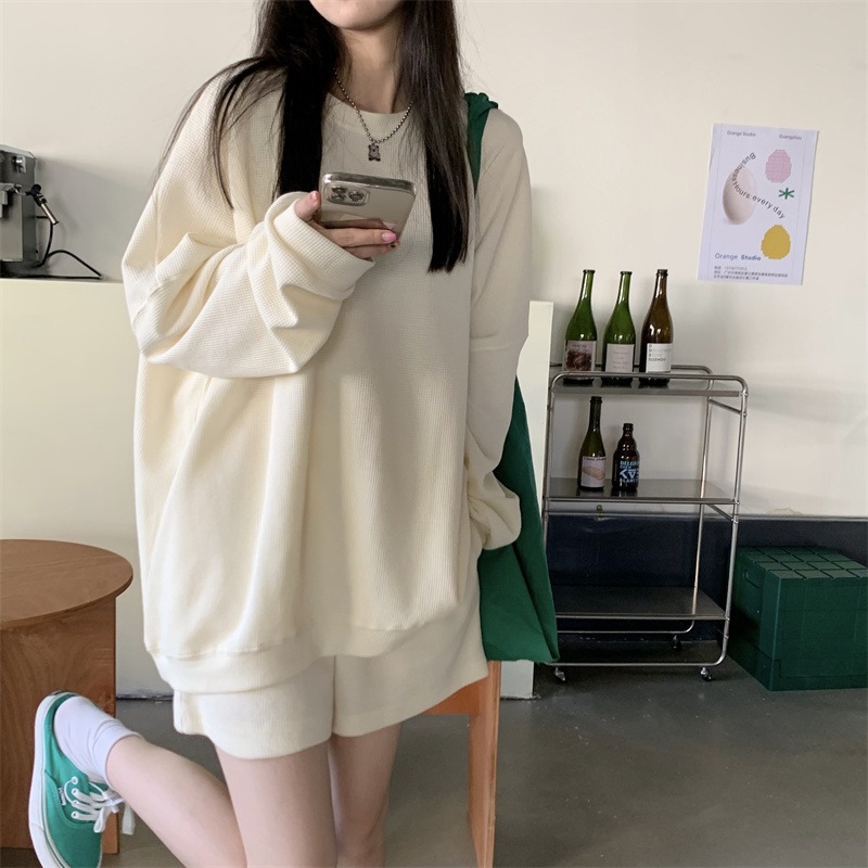 2025 Spring New Women's Fashion Loose Versatile Long-Sleeved Sweatshirt Sports Casual Shorts Two-Piece Suit Autum