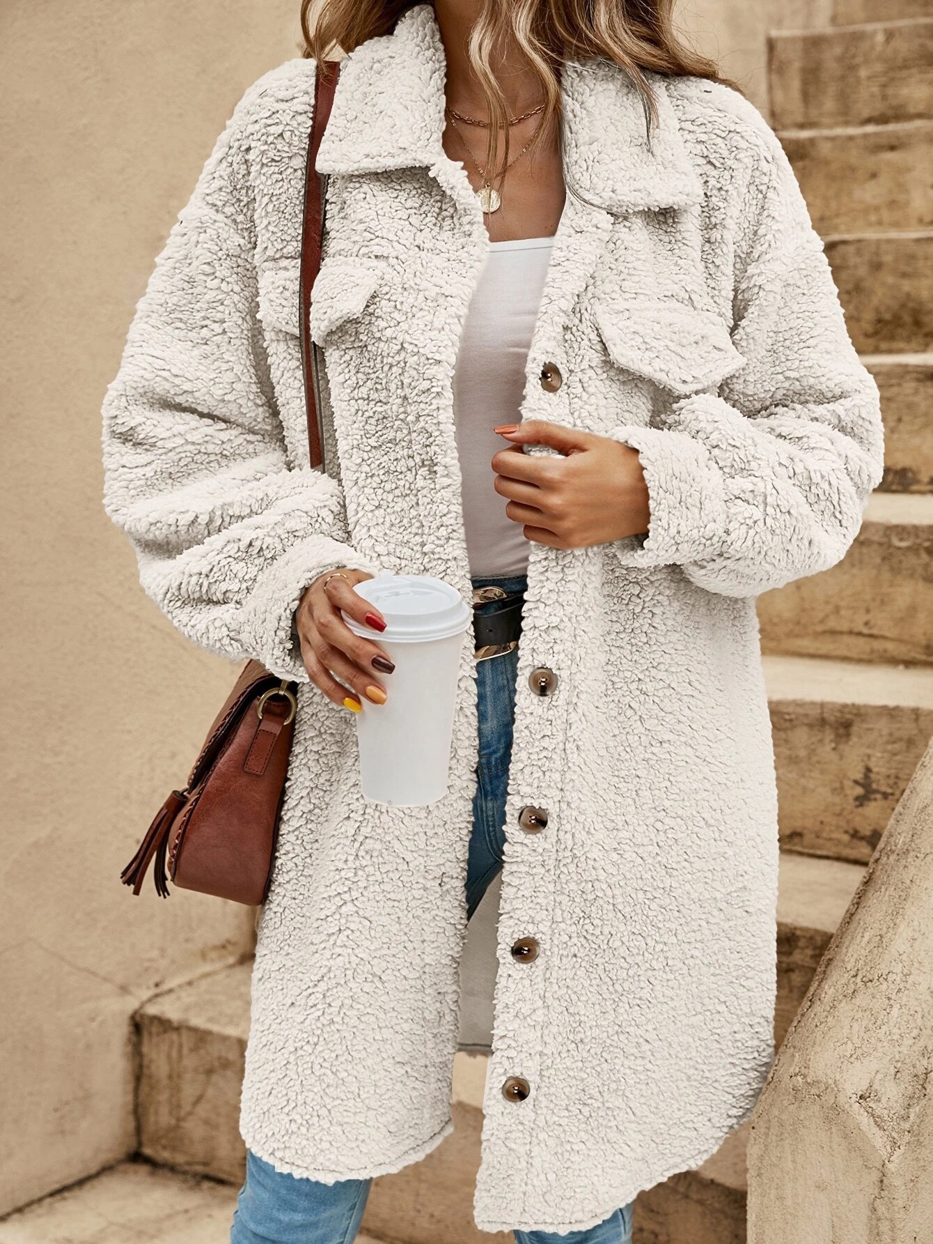 Picture of 2025 Foreign Trade Winter Cross-Border Amazon New Style Button-Down Plush Coat, Loose and Elegant Long Coat for Women