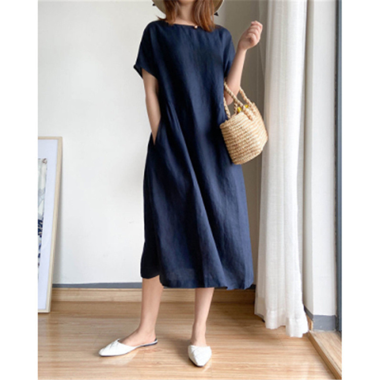 Solid Color Large Size Dress for Women Summer 2023 New Loose Slimming Look Fat mm Japanese Style Mid-Length Skirt for Women