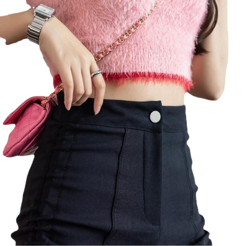 Trendy side drawstring design sense niche high waist slimming black fat sister temperament age-reducing A- line shorts